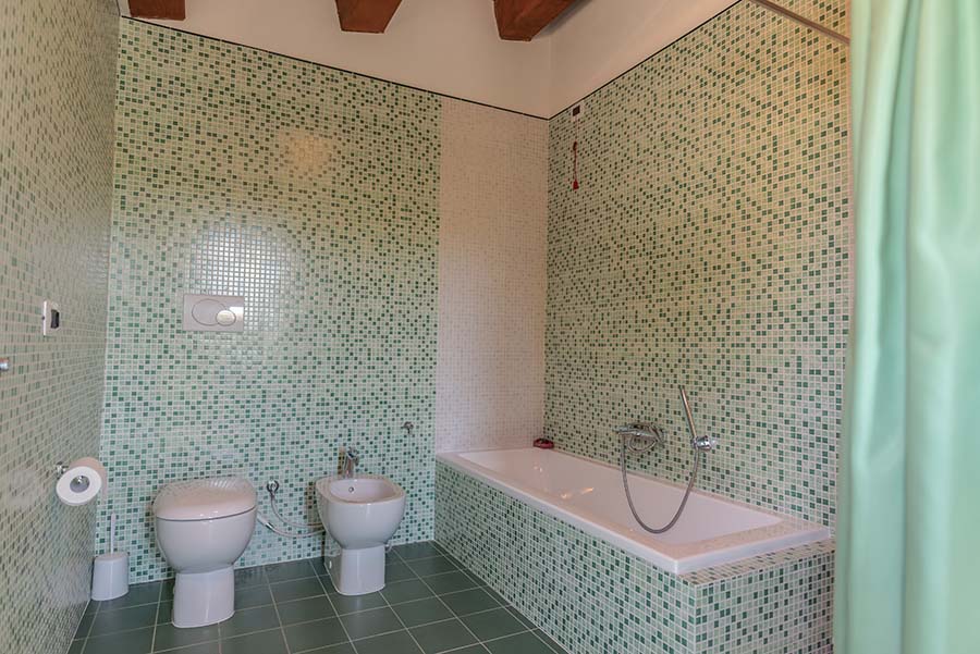 Ground-floor bathroom with bathtub and patterned tiles